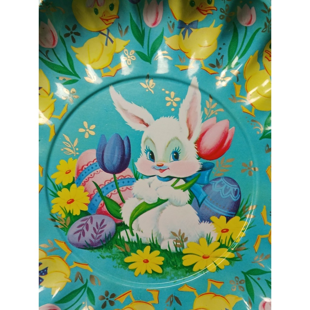 Vintage 1970s Easter Bunny Eggs Chicks Plastic Serving Bowl Scalloped Edges 10" - Picture 5 of 6